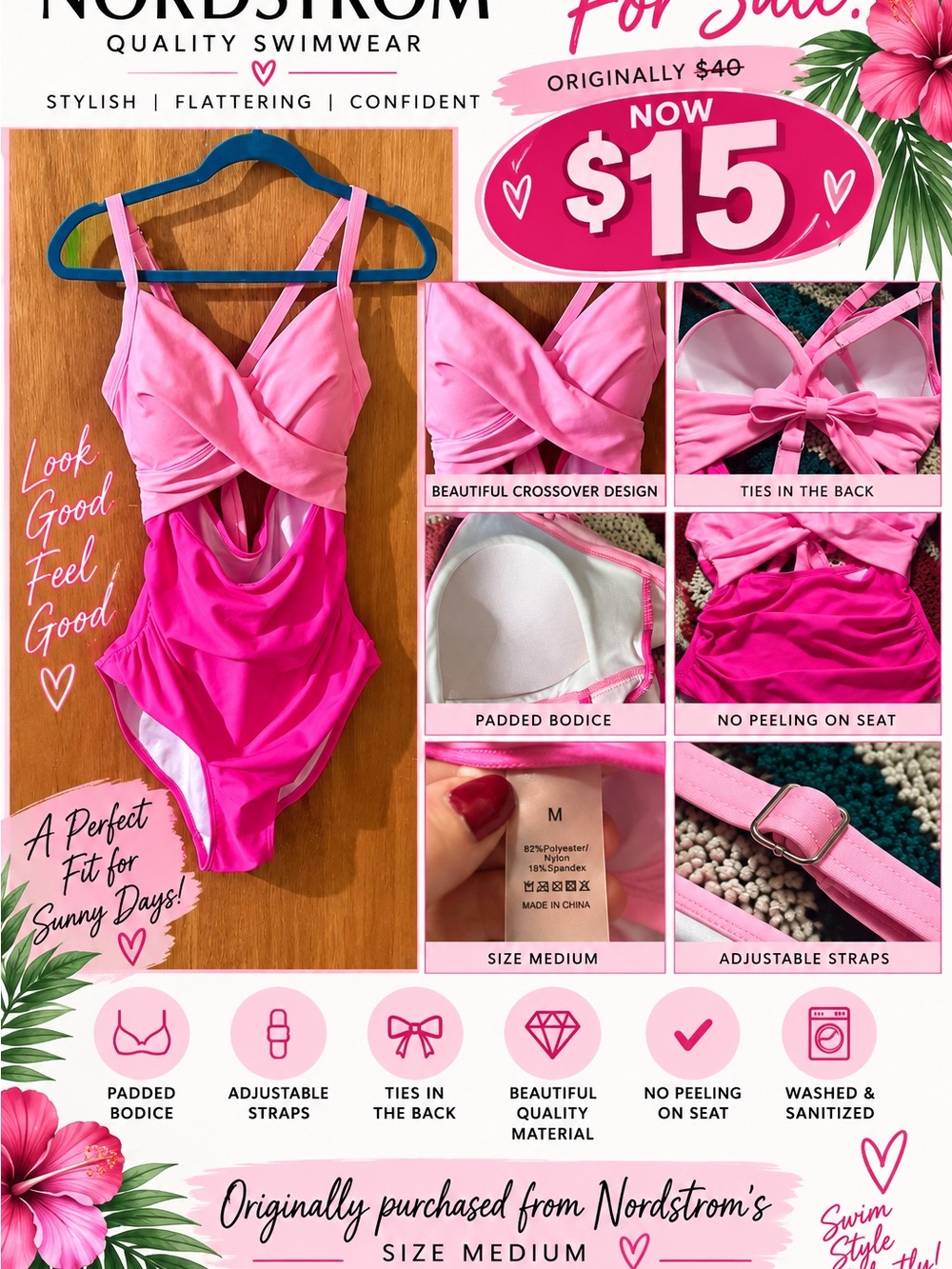 Nordstrom Ladies Bold Carnation & Fushis Two-Tone One-Piece Swimsuit
